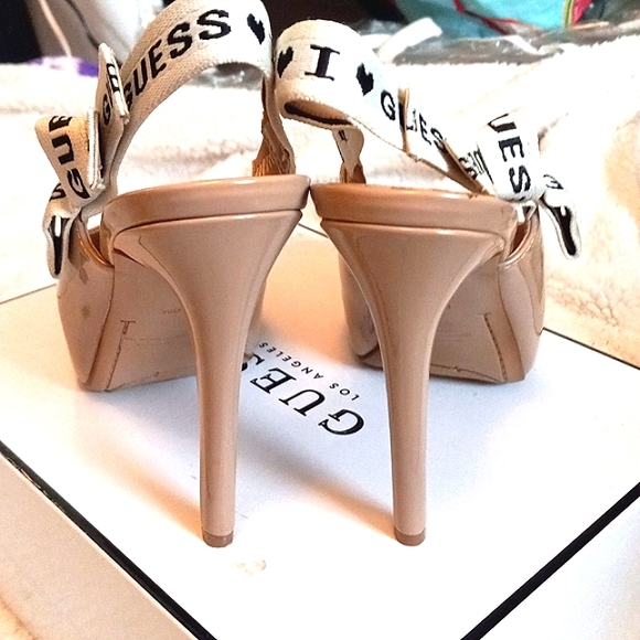 Guess Tan Peep Toe Heels w/ Bow Straps, Size 8 - Picture 3 of 9